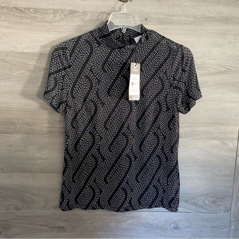 CAbi Black and White Patterned Short Sleeve Mock Neck Top